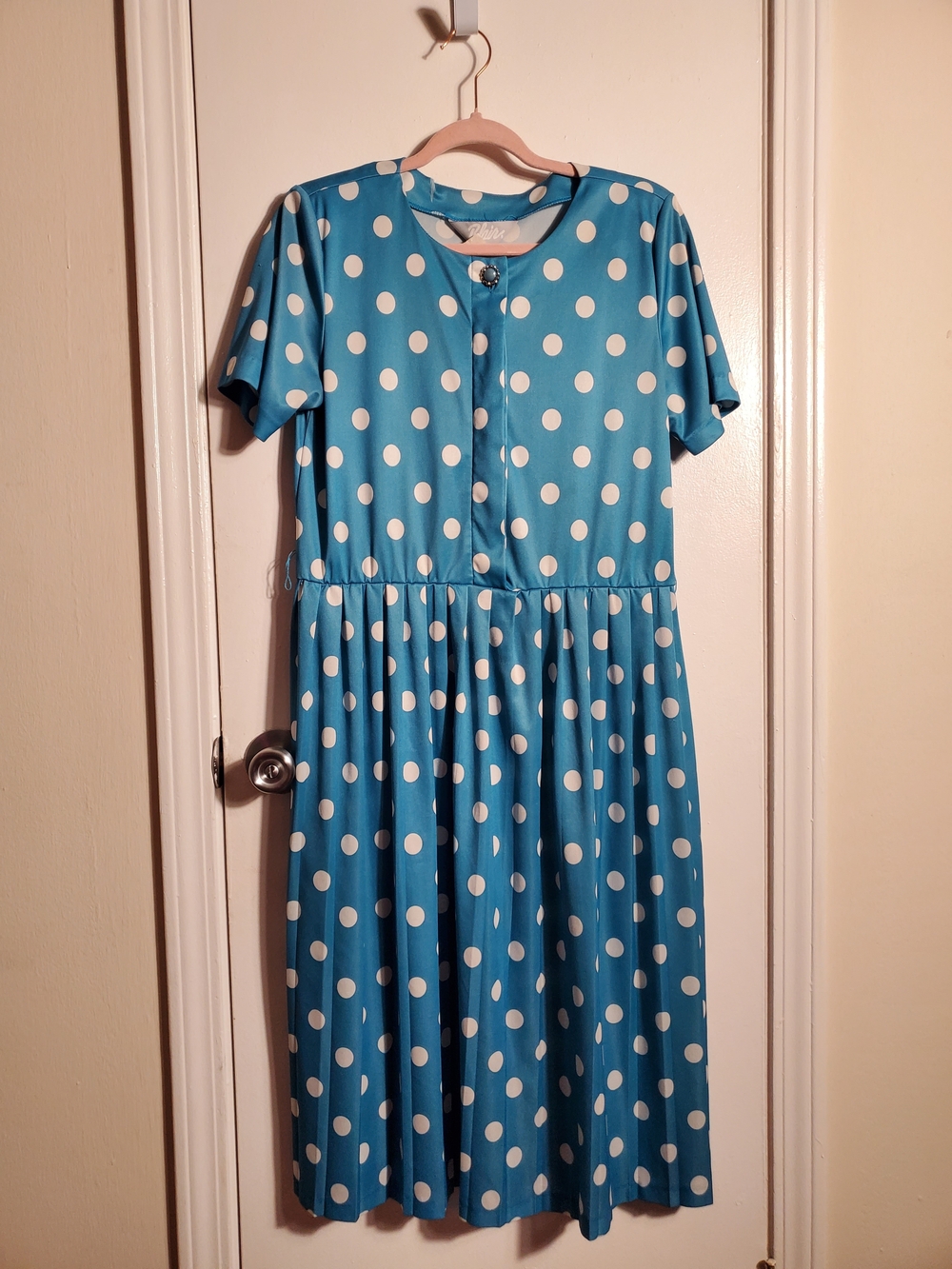 Blair Vintage Blue Polka Dot Short Sleeve Midi Pleated Dress